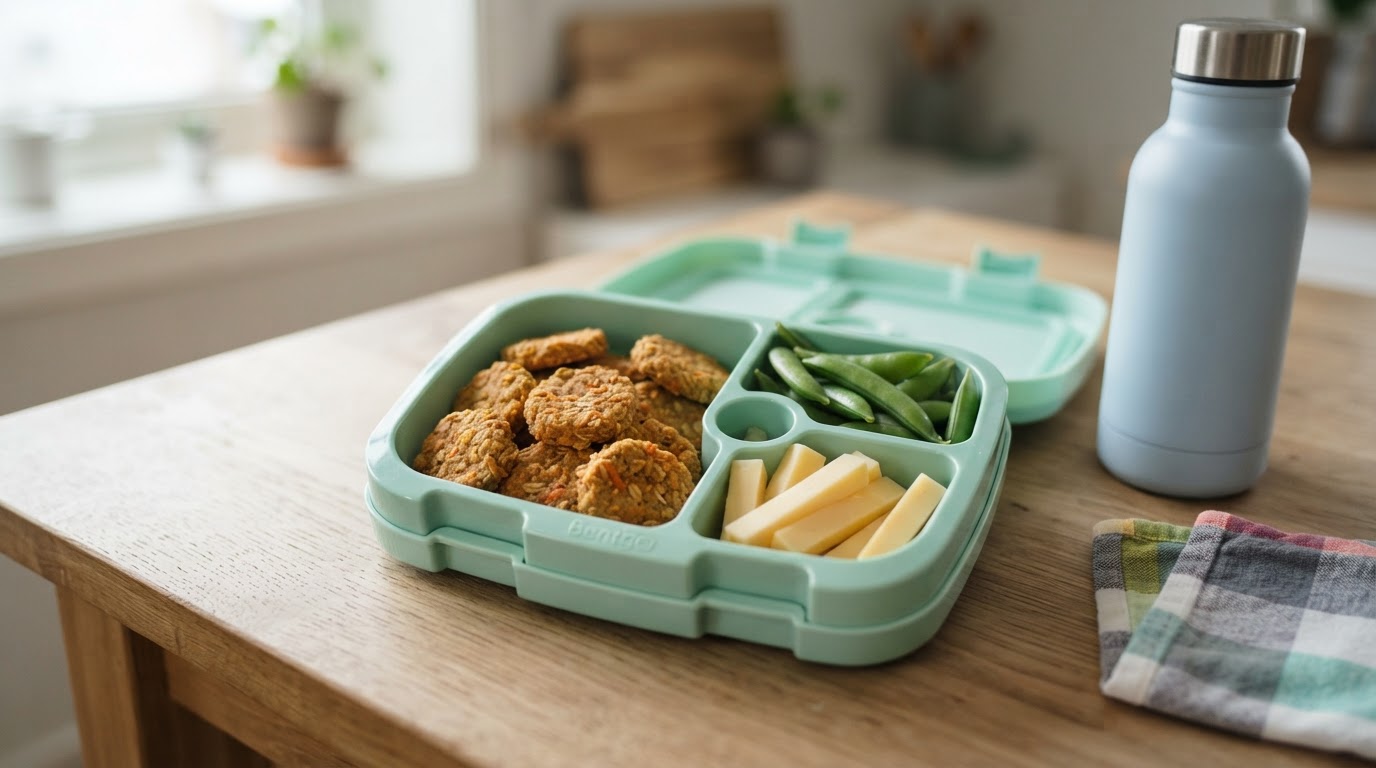 Mild matpakke med mini-gulrotkjeks, ostestenger og sukkererter – illustrasjonsbilde