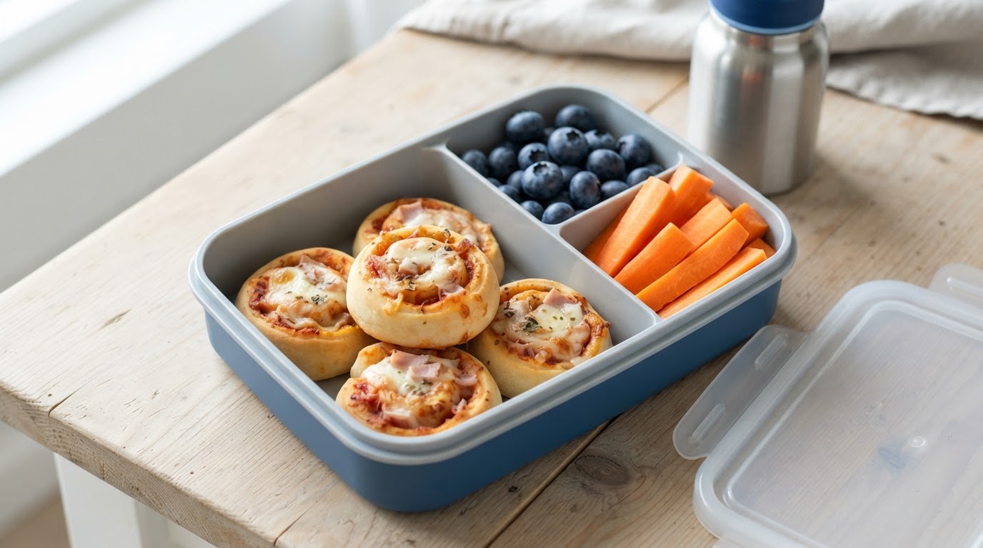 Mild matpakke med mini-pizzabrød, gulrotstenger og blåbær – illustrasjonsbilde