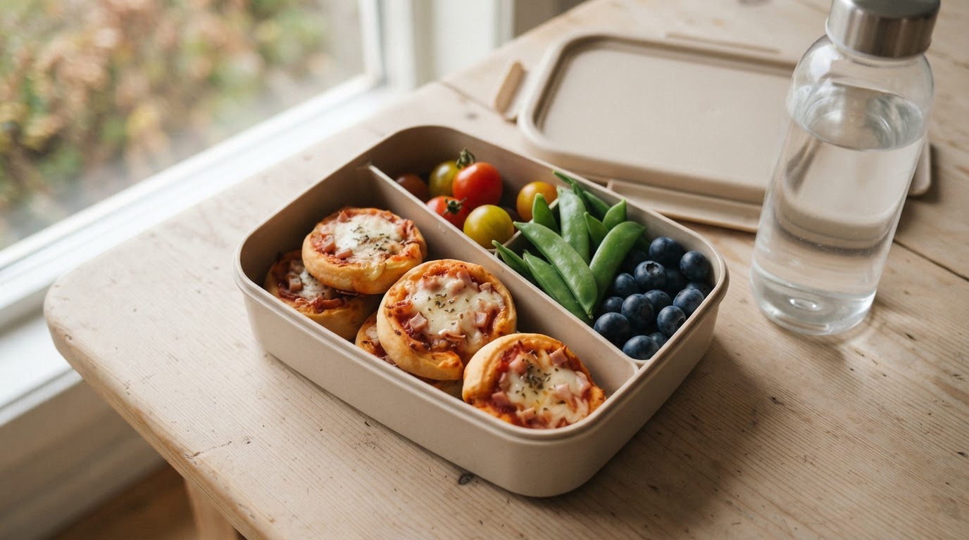 Mild matpakke med mini-pizzasnurrer, sukkererter og blåbær – illustrasjonsbilde