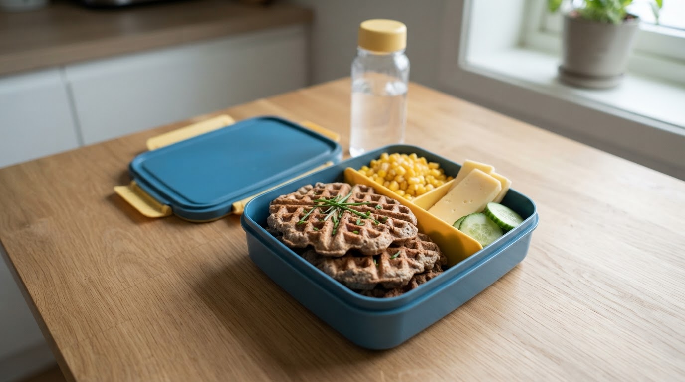 Mild matpakkeboks med milde grovafler, fersk mais og ost