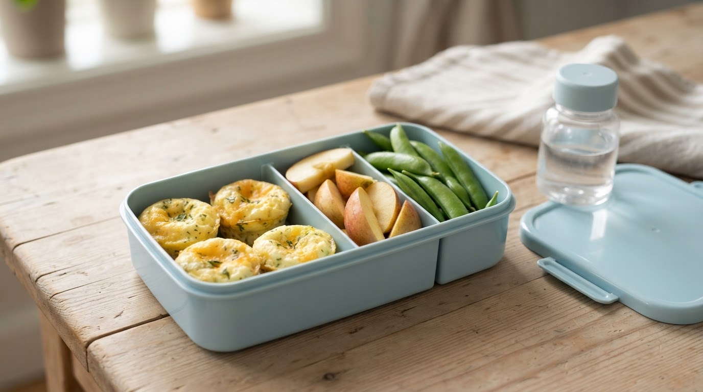 Mild matpakkeboks med mini-eggemuffins, eplebåter og sukkererter