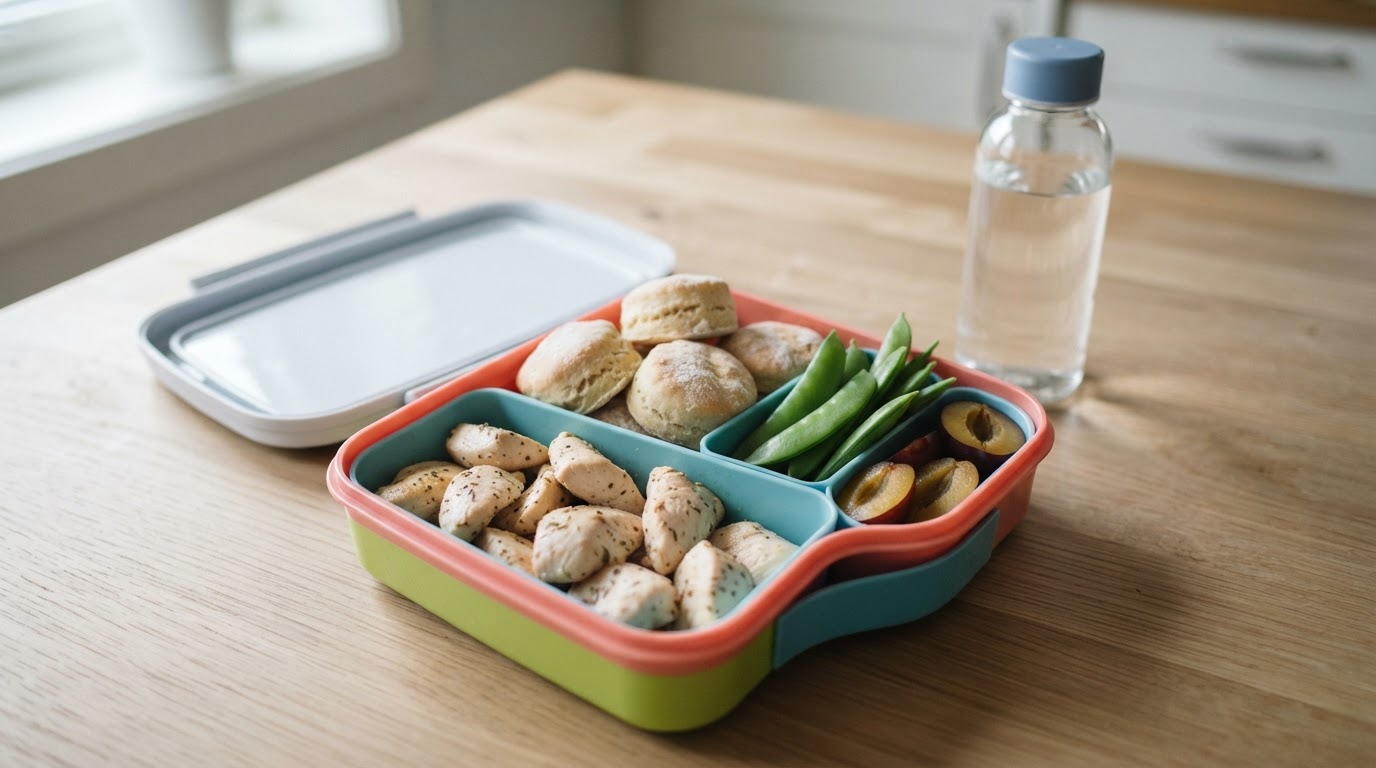 Mild matpakkeboks med mini-scones, kylling og norske plommer