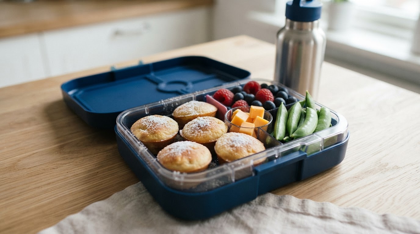 Mild matpakkeboks med pannekakemuffins, bringebær og ost – illustrasjonsbilde