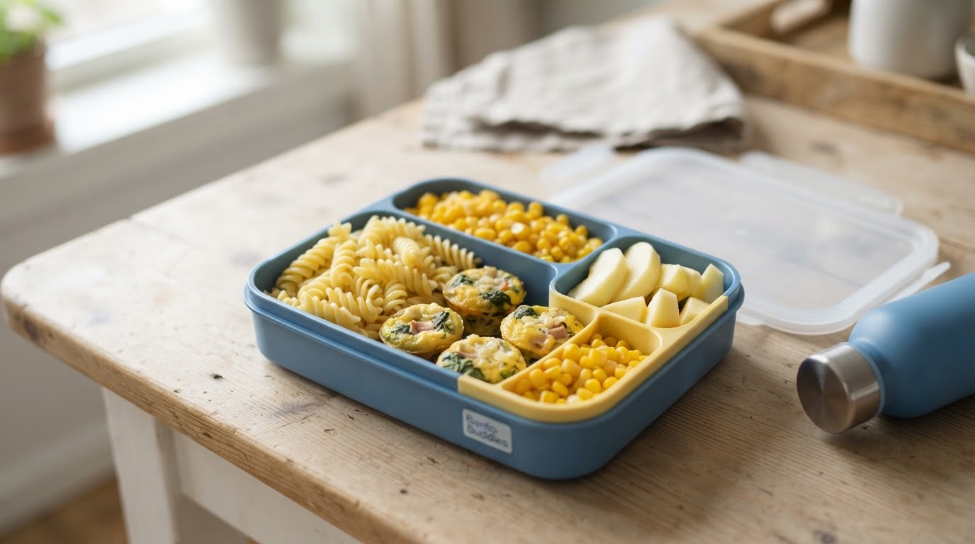 Mild matpakkeboks med pasta, mini-eggemuffins og ferskt augusteple – illustrasjonsbilde