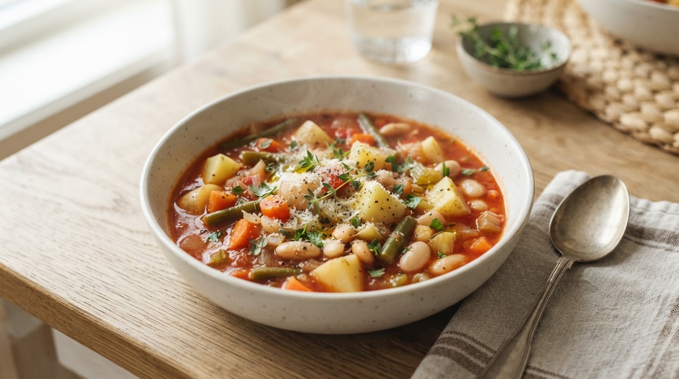 Mild minestronesuppe med nypoteter og bønner – illustrasjonsbilde