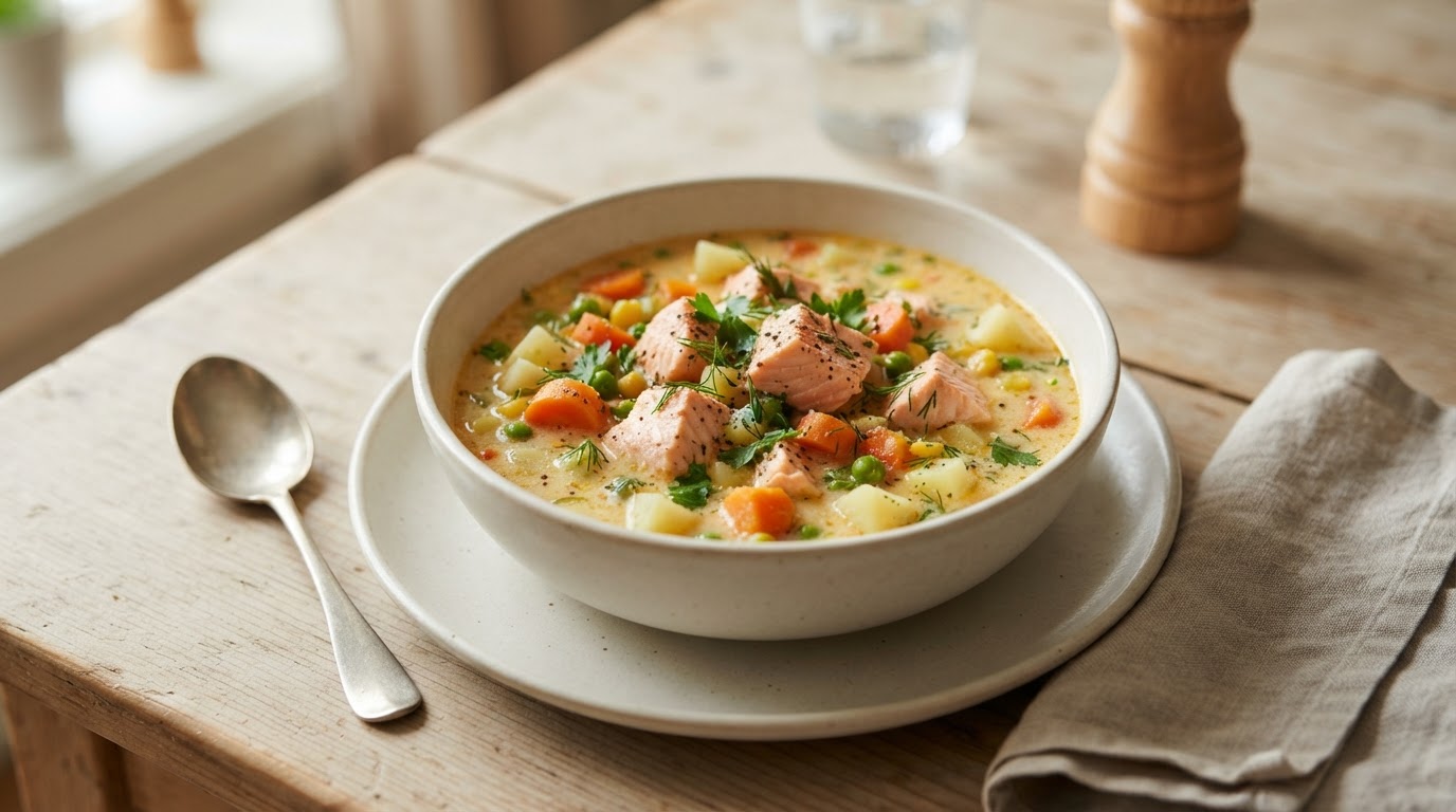 Mild og fargerik laksesuppe for hele familien – slik ser retten ut