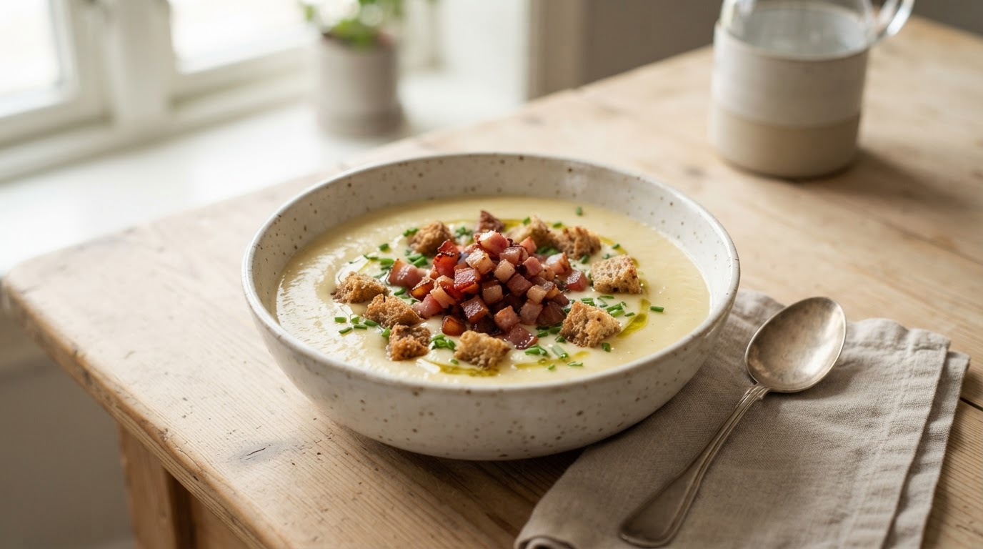 Mild og kremet blomkålsuppe med sprøstekt skinke og crutonger – slik ser retten ut