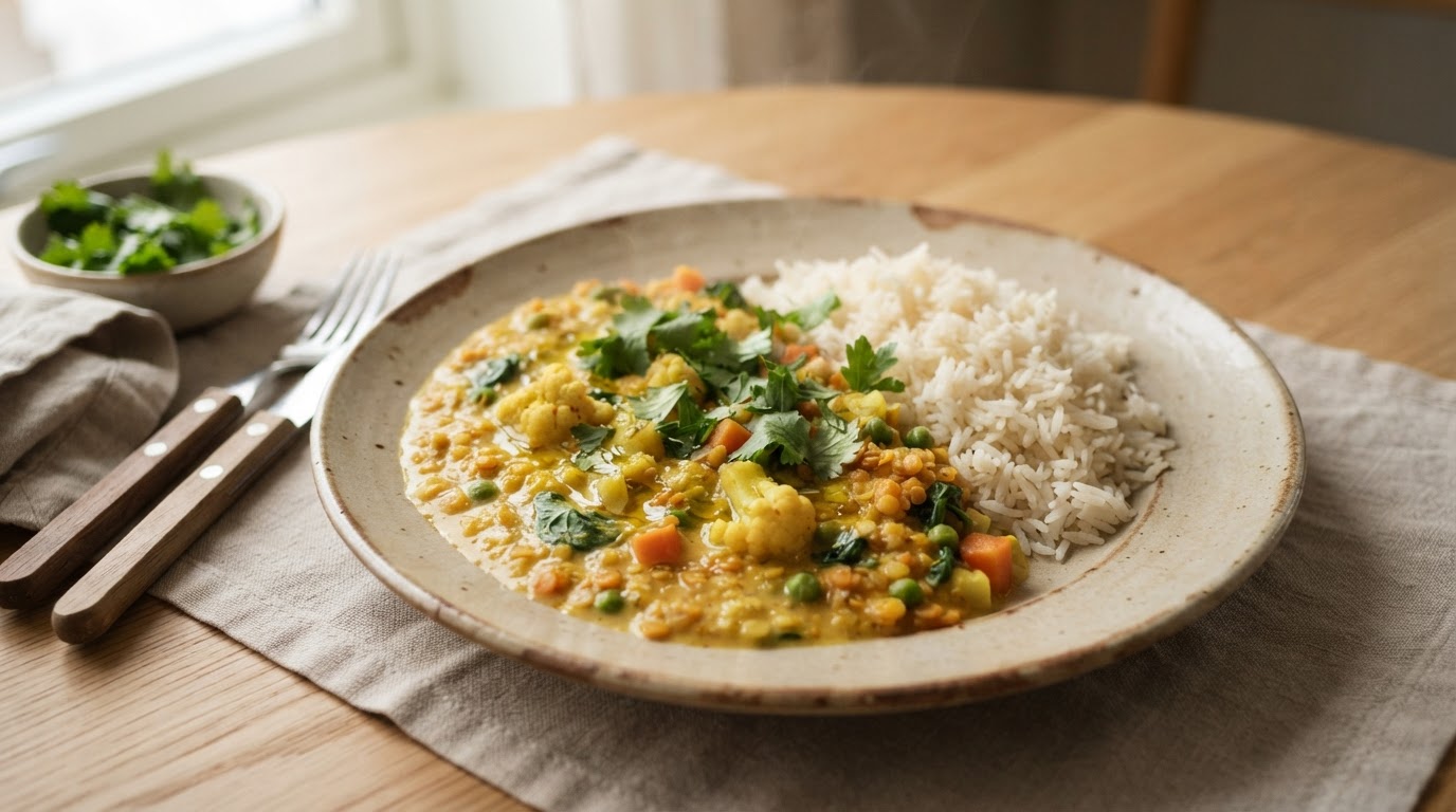 Mild og kremet dahl med røde linser, grønnsaker og ris – illustrasjonsbilde