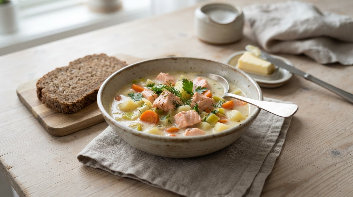 Mild og kremet laksesuppe med rotgrønnsaker – illustrasjonsbilde