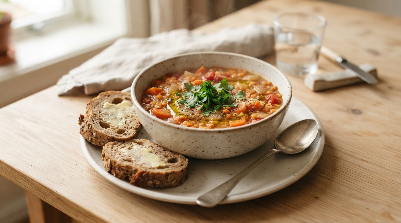 Mild og mettende linsesuppe med grovt brød – illustrasjonsbilde