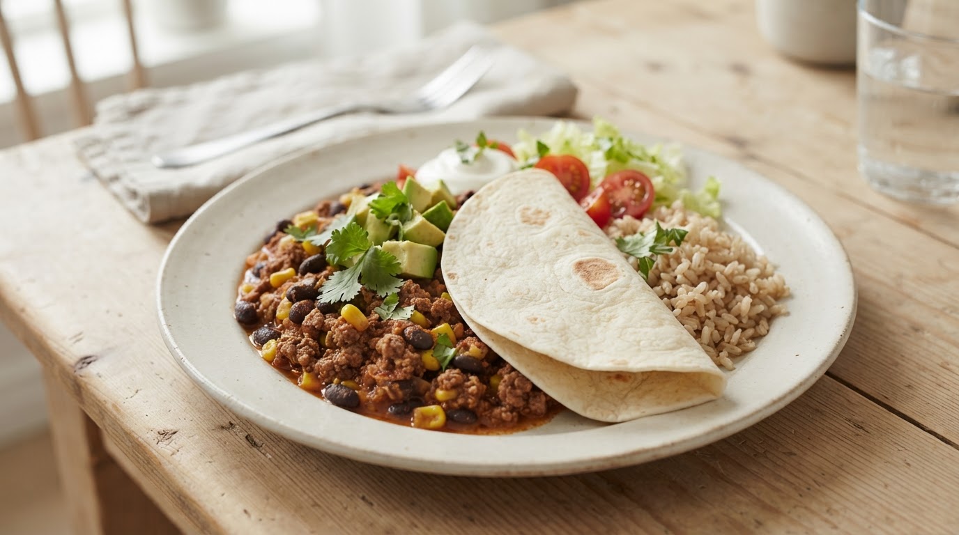 Mild og næringsrik tacogryte med fullkornsris – illustrasjonsbilde