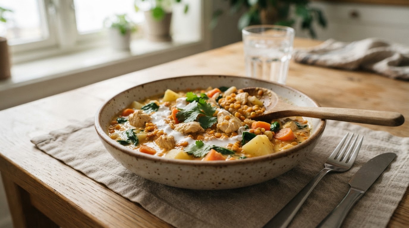 Mild og proteinrik linse- og potetgryte – illustrasjonsbilde