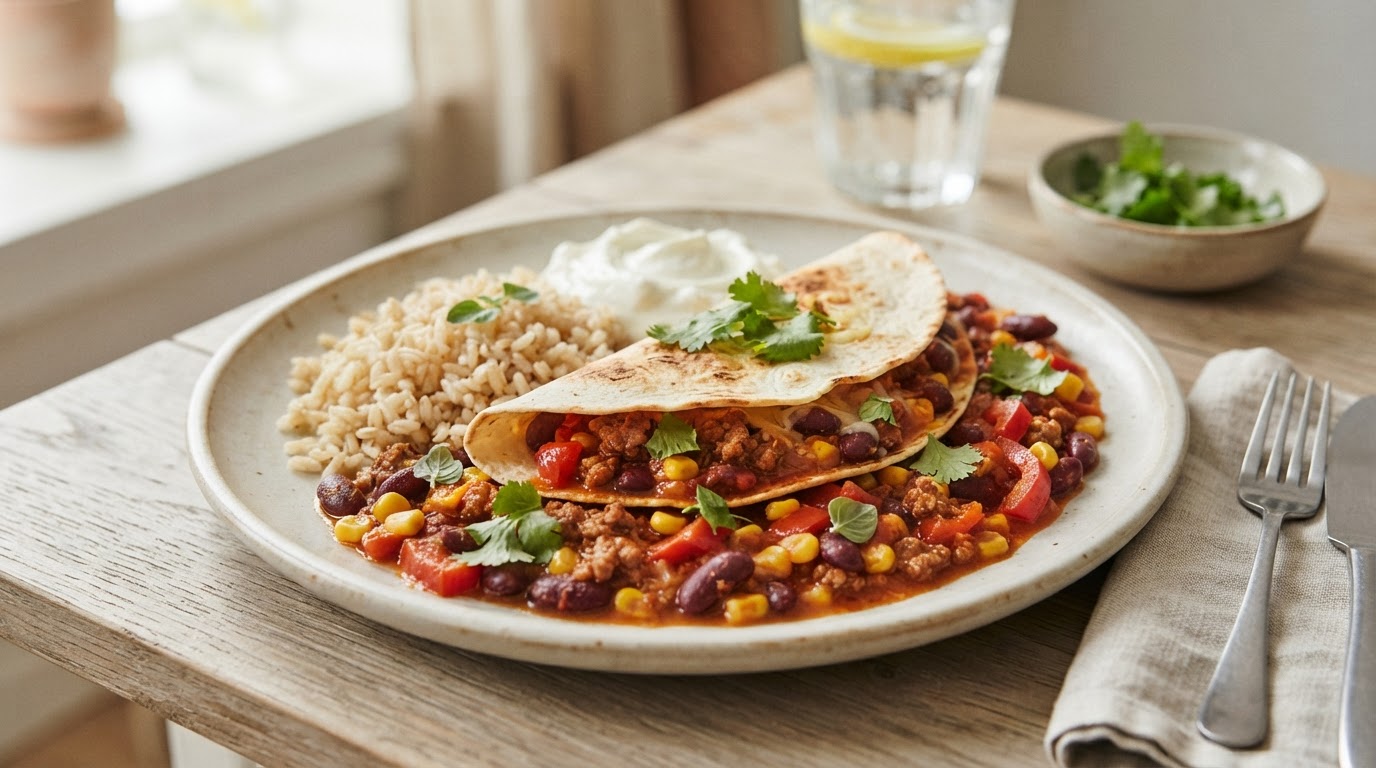 Mild og proteinrik tacogryte med fullkornsris – illustrasjonsbilde