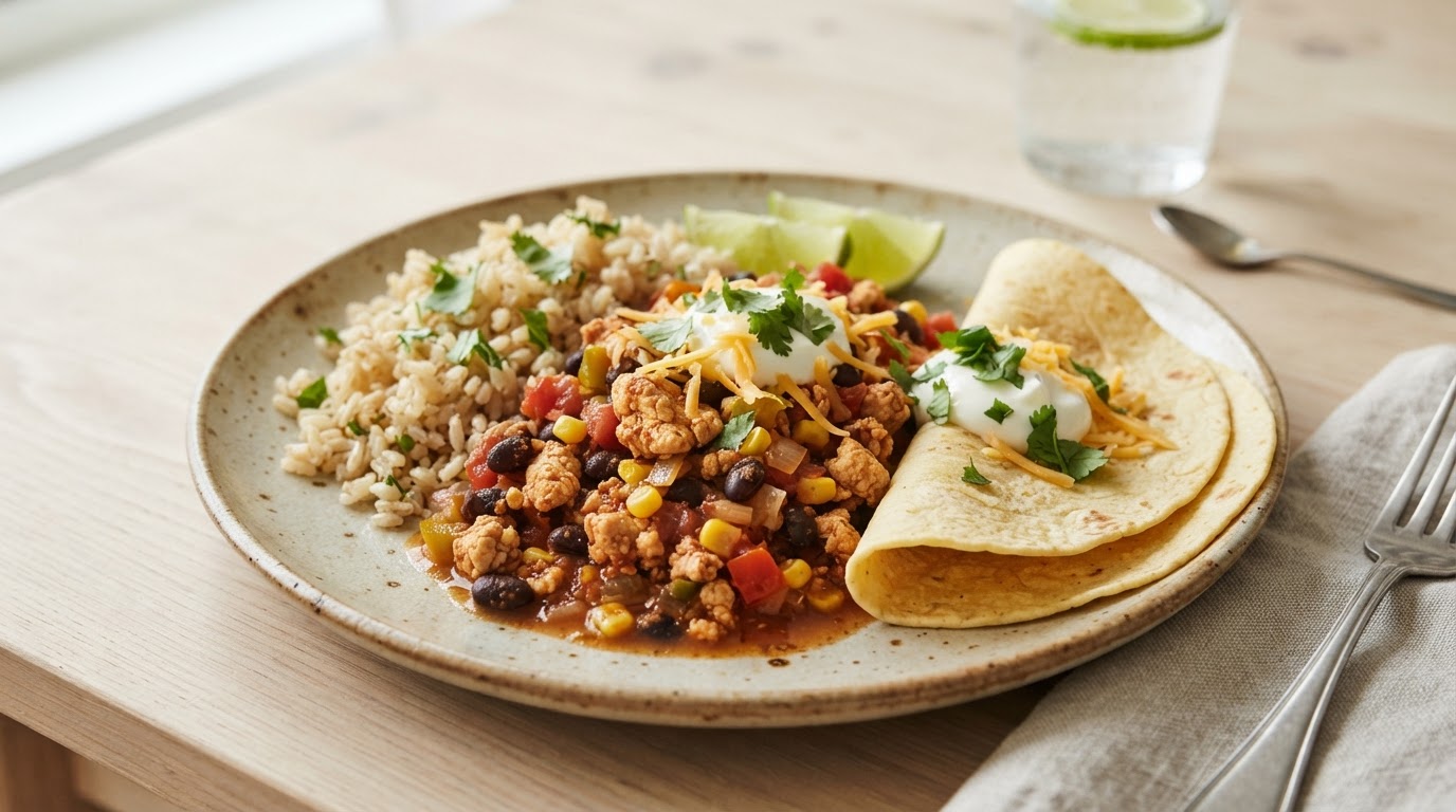 Mild og rask tacogryte med kyllingkjøttdeig og fullkornsris – slik ser retten ut