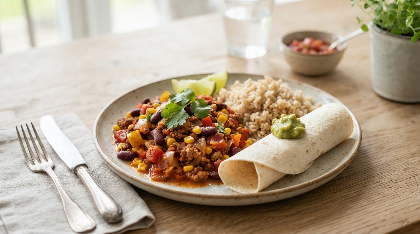 MILD OG SUNN TACOGRYTE MED FULLKORNSRIS – illustrasjonsbilde