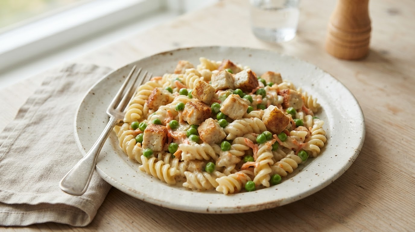 Mild pasta med fiskekaker, erter og revet gulrot – illustrasjonsbilde