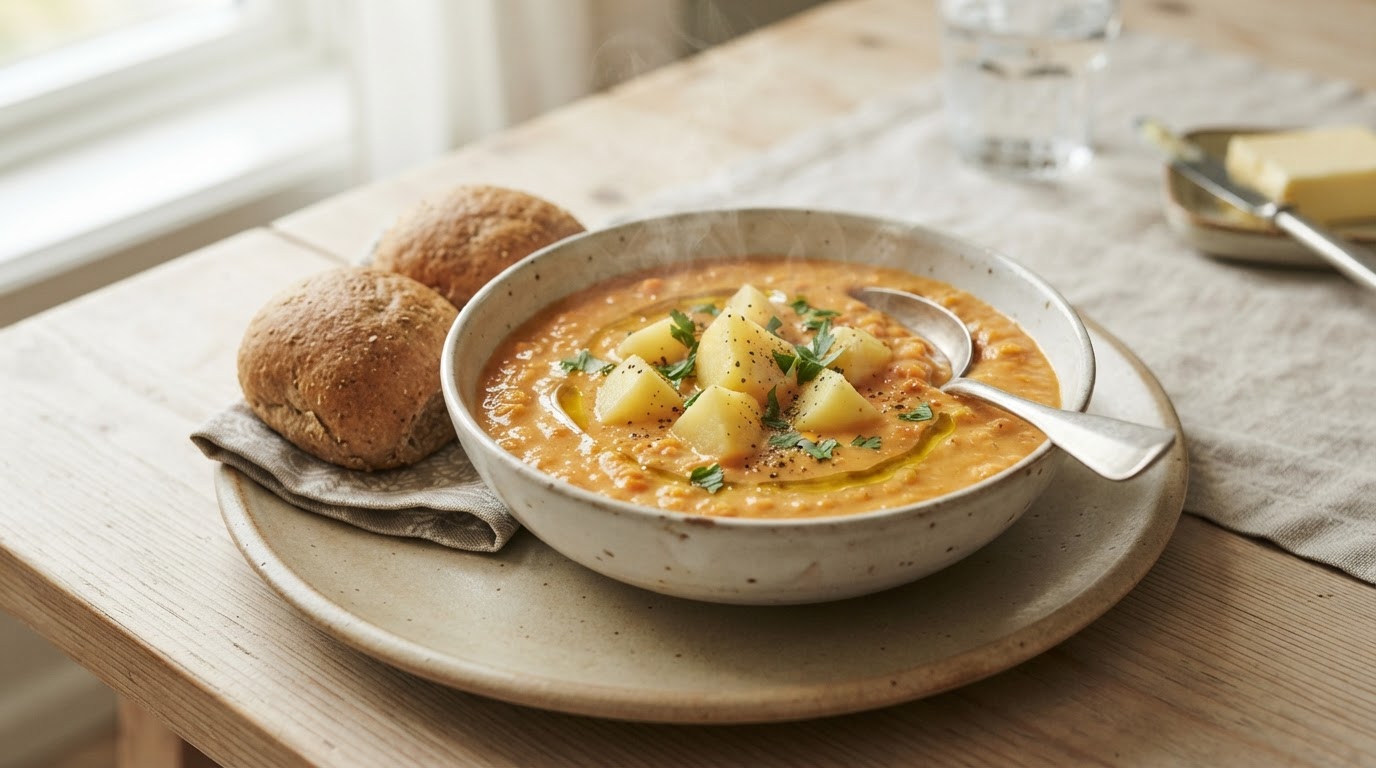 Mild søtpotet- og linsesuppe med fullkornsrundstykker – slik ser retten ut