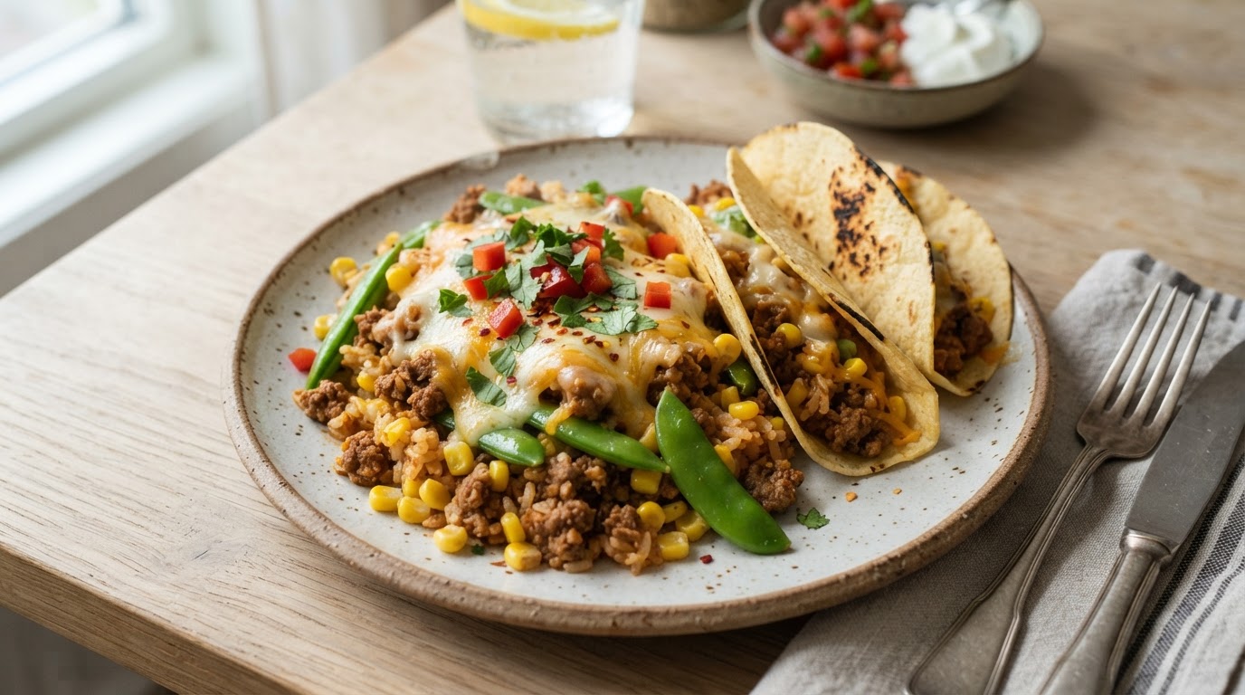 Mild taco-risgryte med storfekjøttdeig, fersk mais og smeltet ost – slik ser retten ut