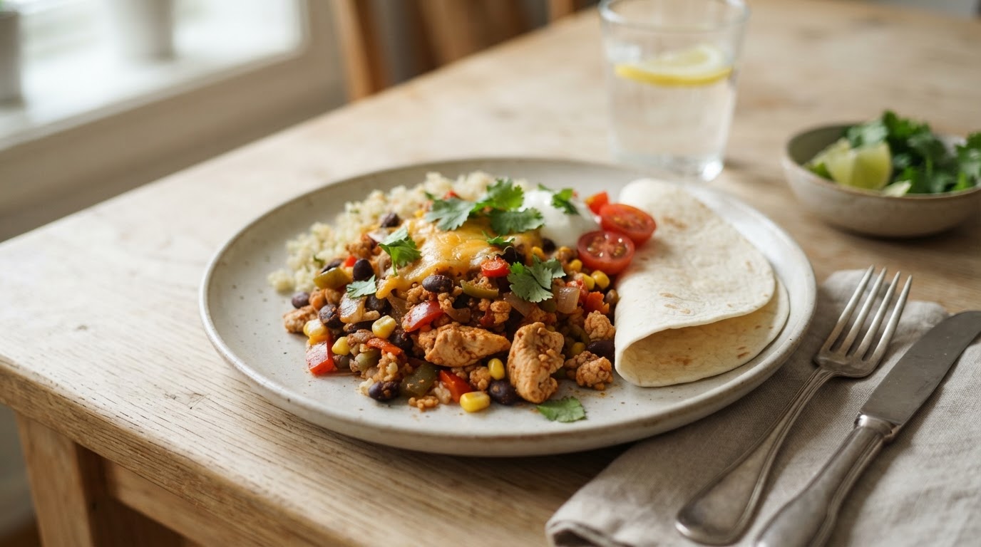 Mild tacogryte med kylling, bønner og blomkålris – illustrasjonsbilde