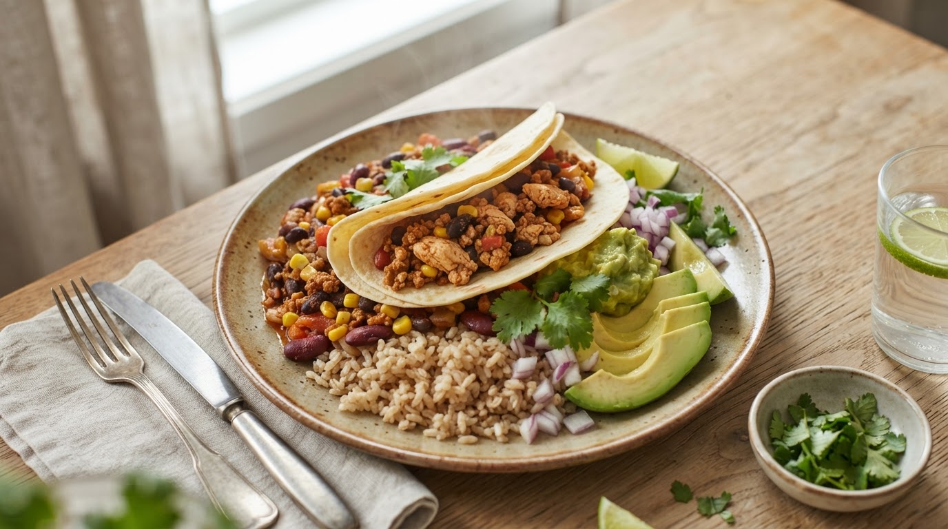 Mild Tacogryte med Kyllingkjøttdeig, Bønner og Ris – illustrasjonsbilde