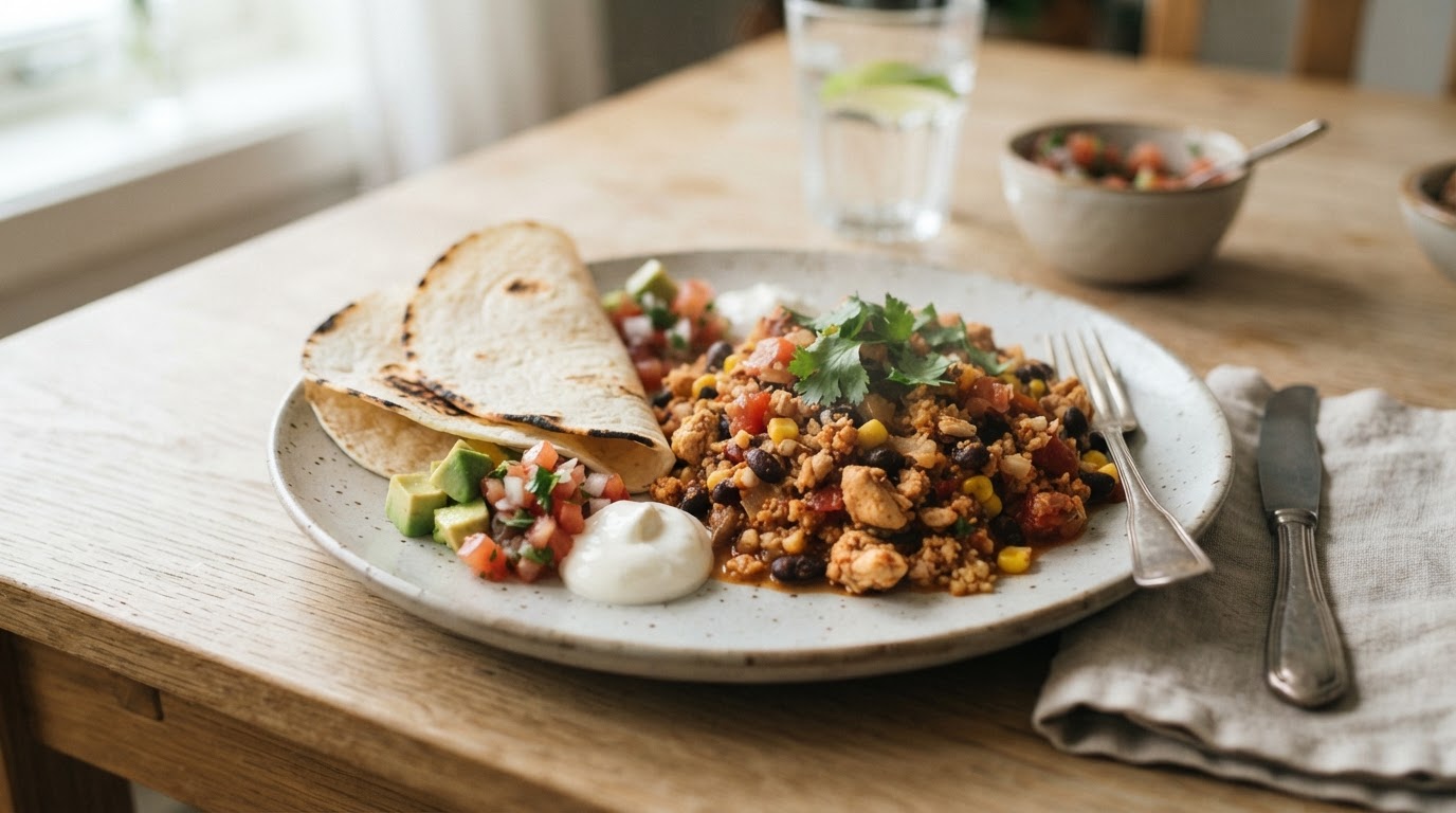 Mild tacogryte med kyllingkjøttdeig og blomkålris – illustrasjonsbilde