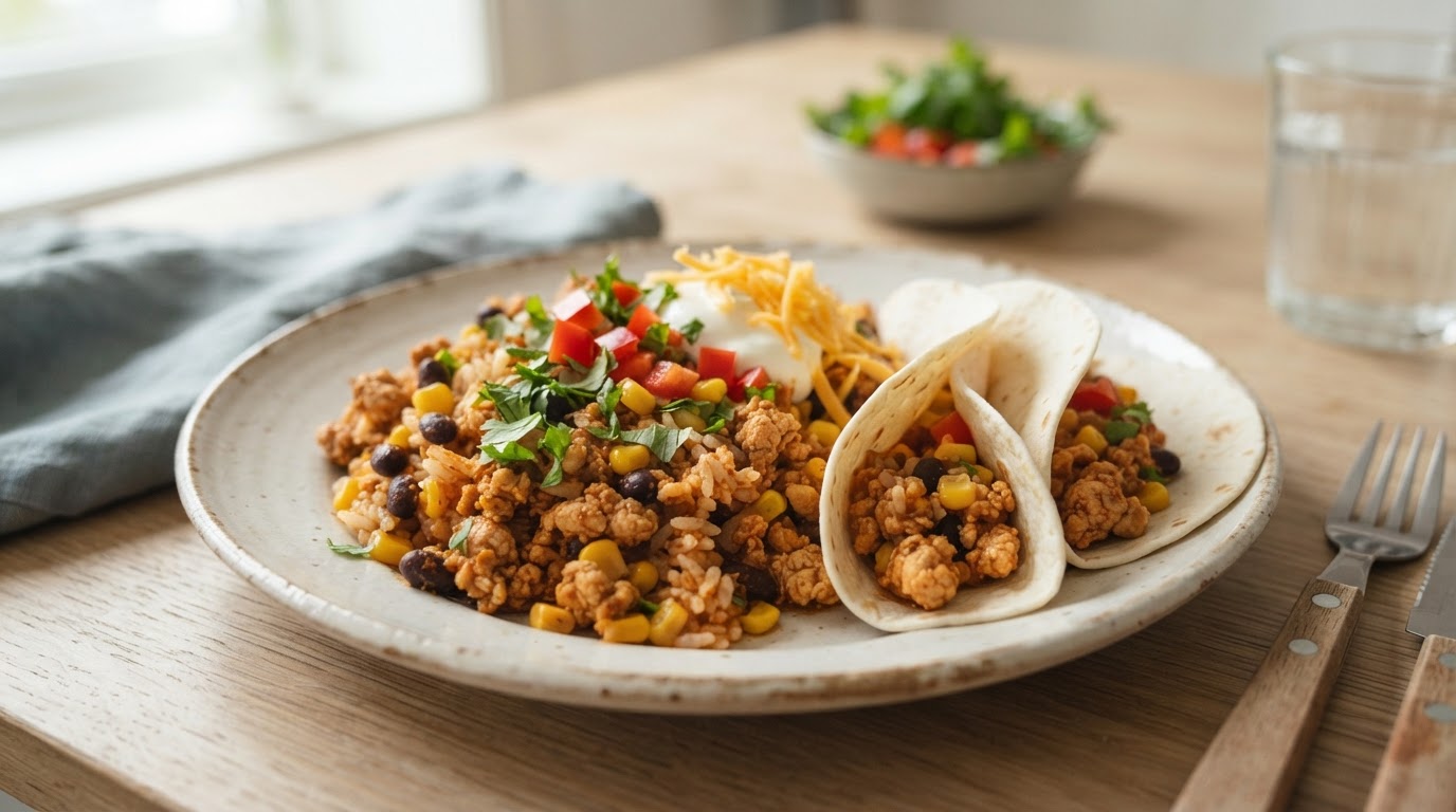 Mild tacogryte med kyllingkjøttdeig og ris – illustrasjonsbilde