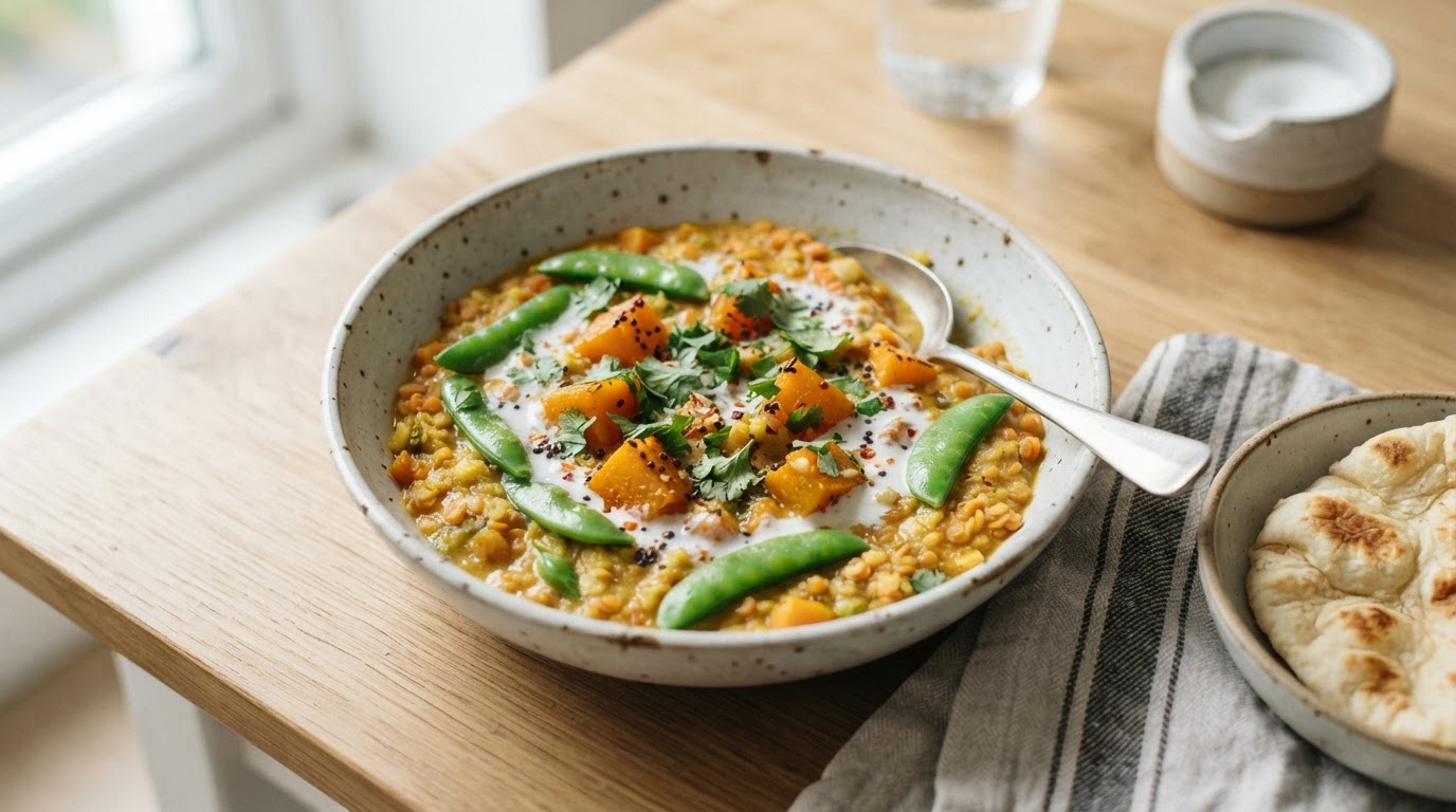 Mild tandoori-dal med gresskar og ferske sukkererter – slik ser retten ut