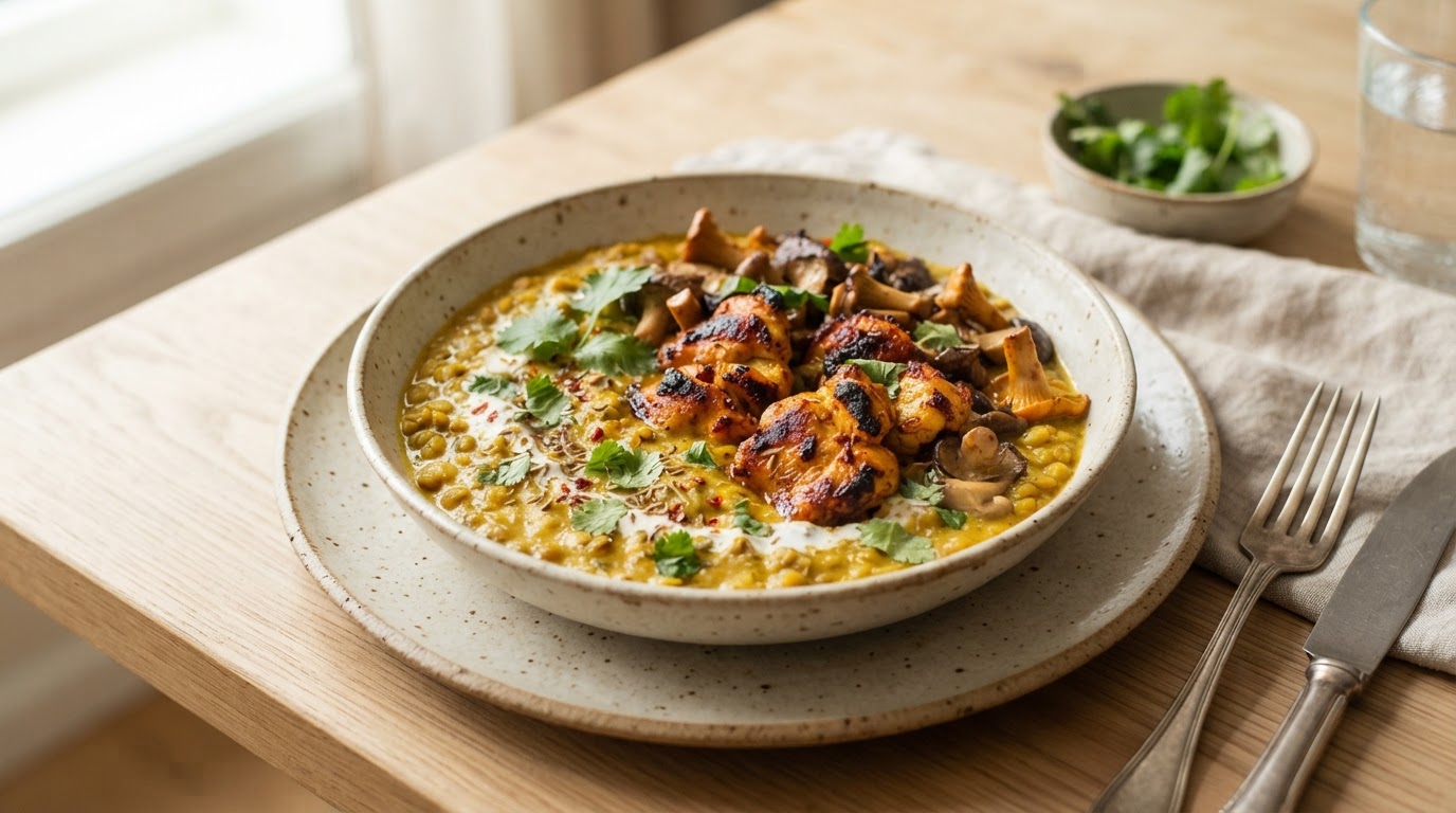 Mild tandoori-dal med kylling og fersk skogssopp – slik ser retten ut