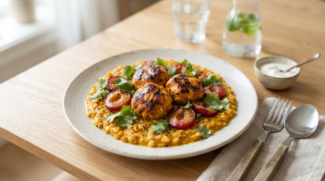 Mild tandoori-dal med kyllingkjøttkaker og norske plommer – slik ser retten ut