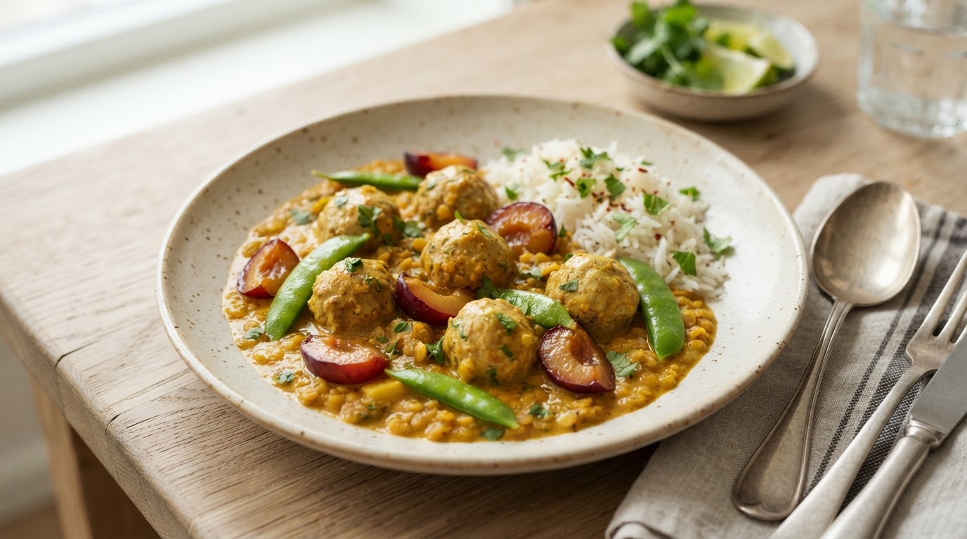 Mild tandoori-kjøttkaker i kremet linsekarri med norske plommer