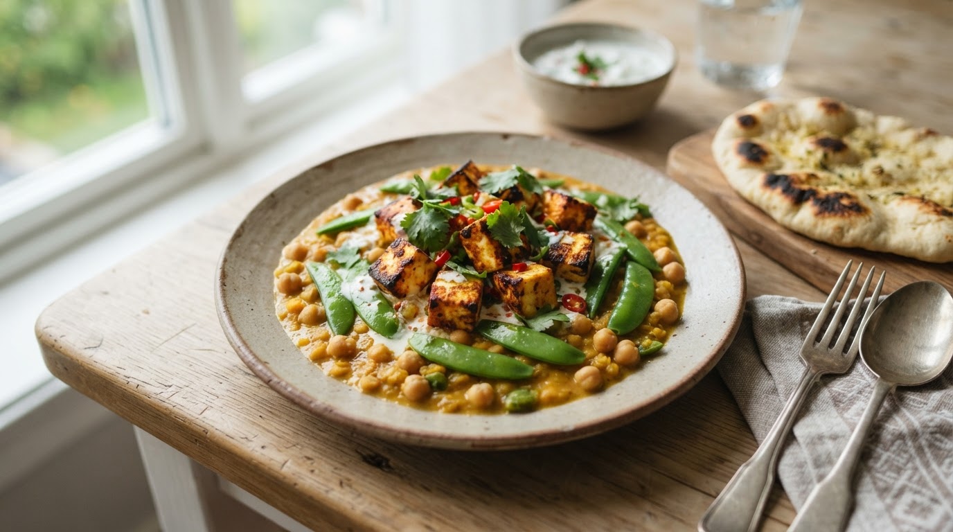 Mild tandoori-paneer i kremet linsekarri med sukkererter – slik ser retten ut