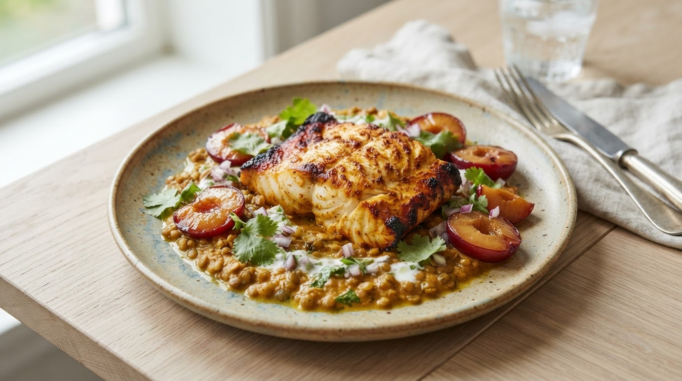 Mild tandoori-torsk med kremet linsekarri og norske plommer – slik ser retten ut