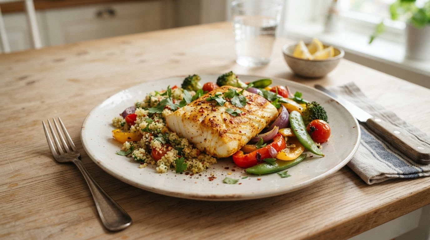 Mild tandooripanne med torsk, sprø grønnsaker og couscous – slik ser retten ut