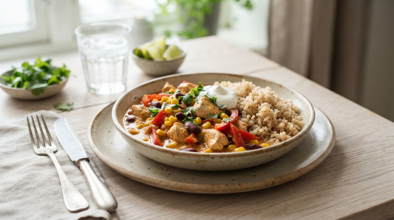 Mild Tex-Mex Kylling- og Bønnepanne med Fullkornsris – illustrasjonsbilde