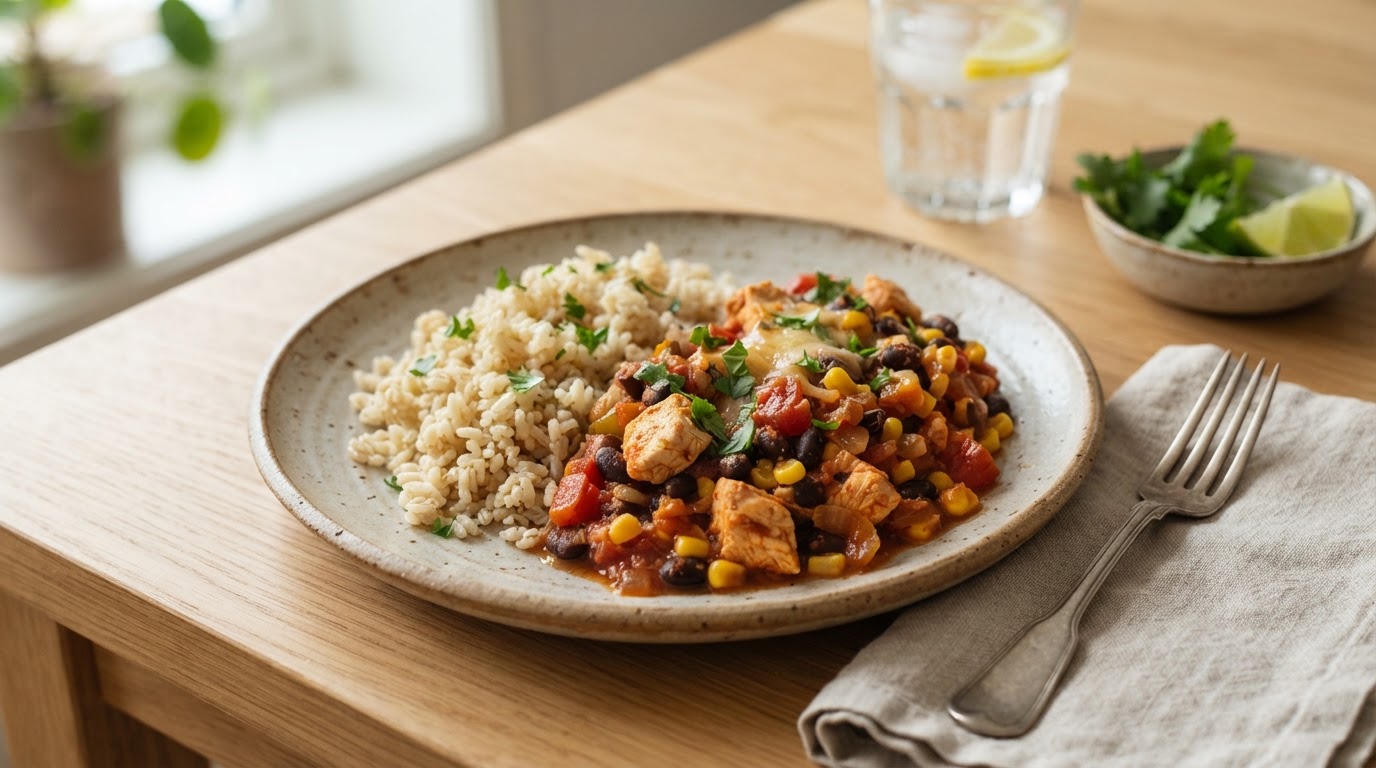 Mild Tex-Mex kyllinggryte med bønner og ris – illustrasjonsbilde