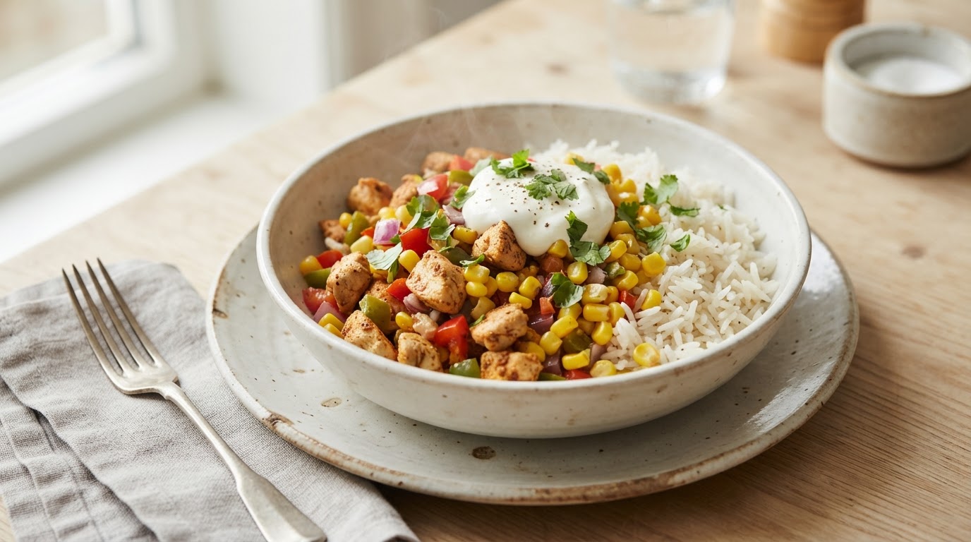 Mild Tex-Mex kyllingskål med fersk mais og ris – slik ser retten ut