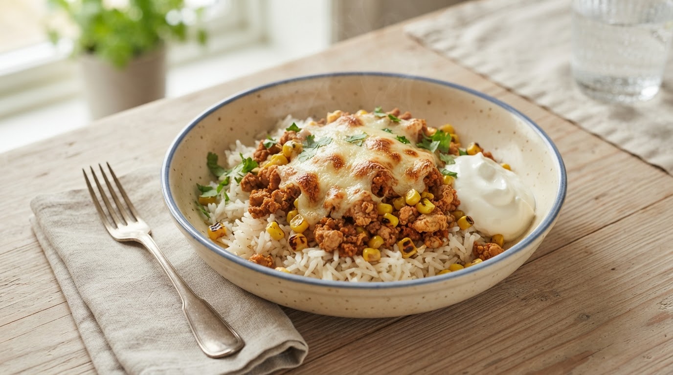 Mild Tex-Mex kyllingskål med ris, fersk mais og rømme – illustrasjonsbilde