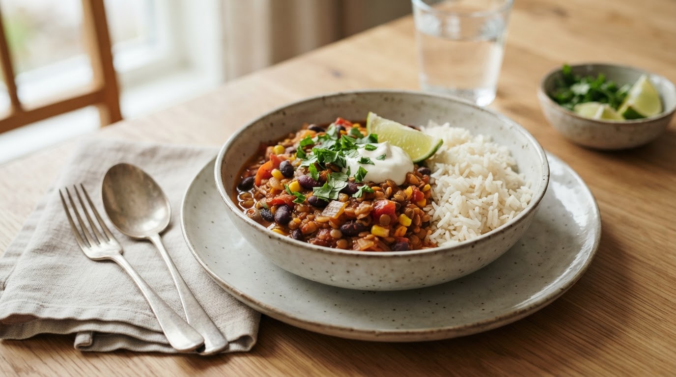 Mild Tex-Mex Linse- og Bønnegryte med Ris – illustrasjonsbilde
