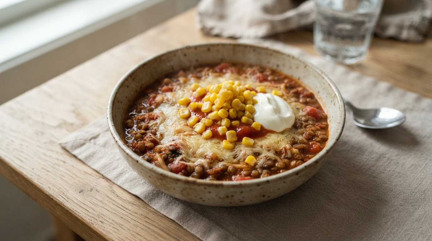 Mild Tex-Mex linsegryte med fersk mais og gratinert ost – slik ser retten ut