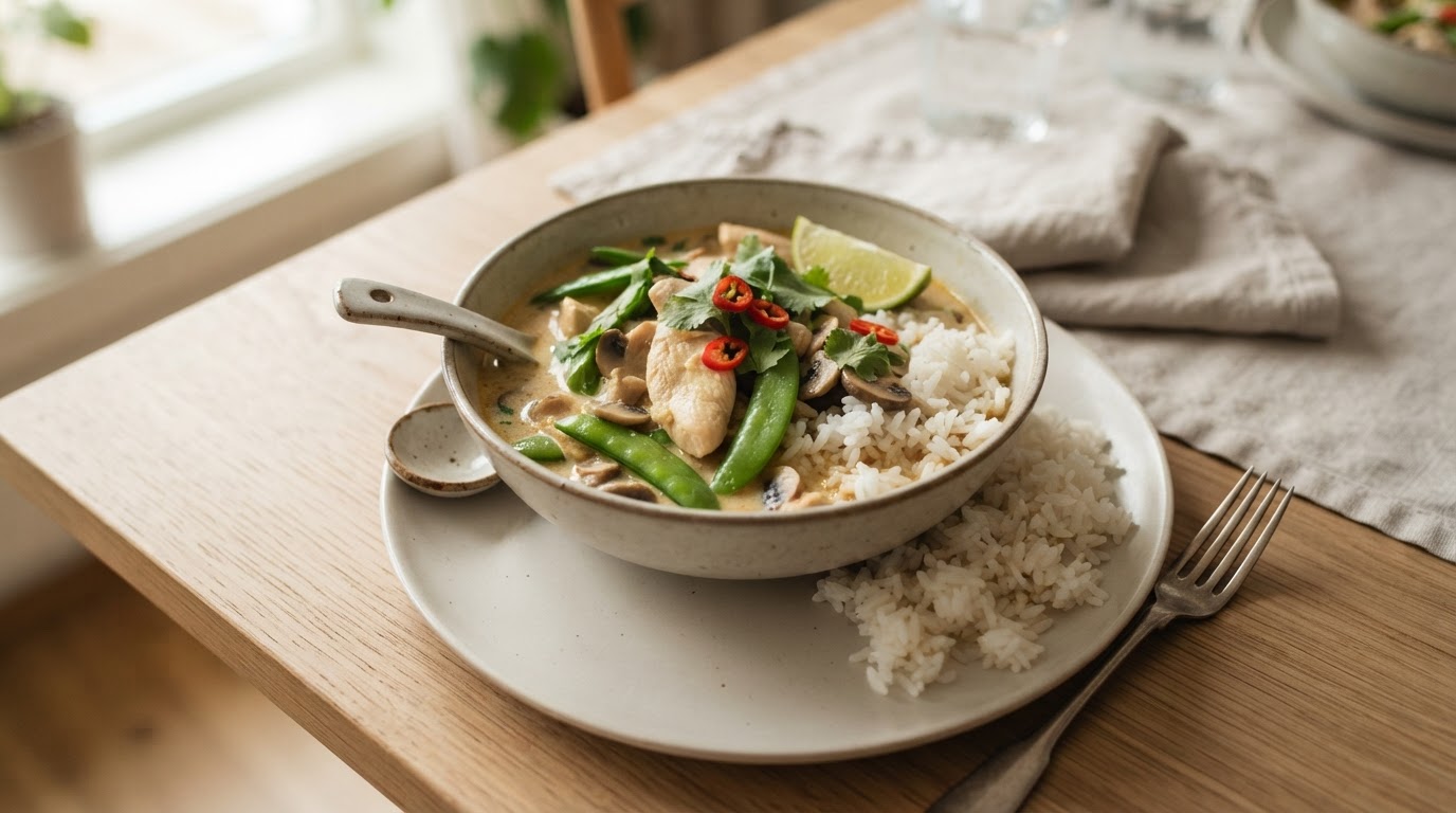 Mild thai-kyllinggryte med kokosmelk og sprø sukkererter – illustrasjonsbilde