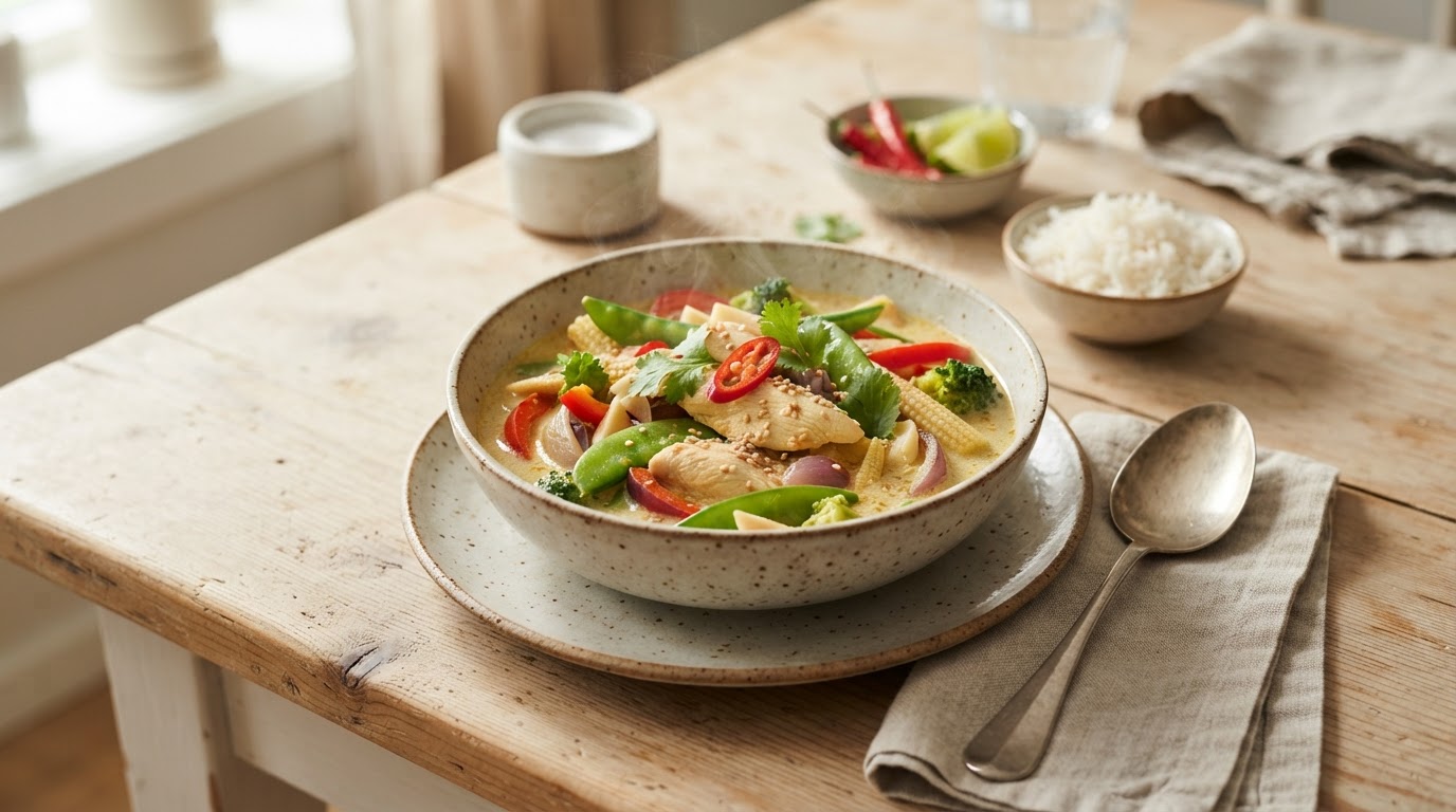 Mild thai kyllinggryte med kokosmelk og sukkererter – illustrasjonsbilde