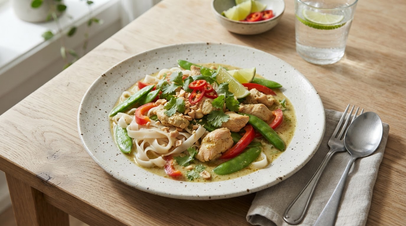 Mild thailandsk grønn kokoskarri med kylling og risnudler – slik ser retten ut