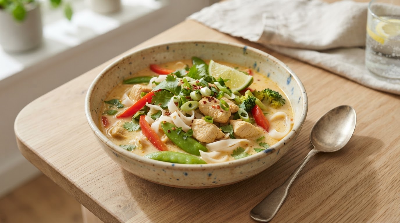 Mild thailandsk karrisuppe med kalkun, kokosmelk og risnudler – slik ser retten ut