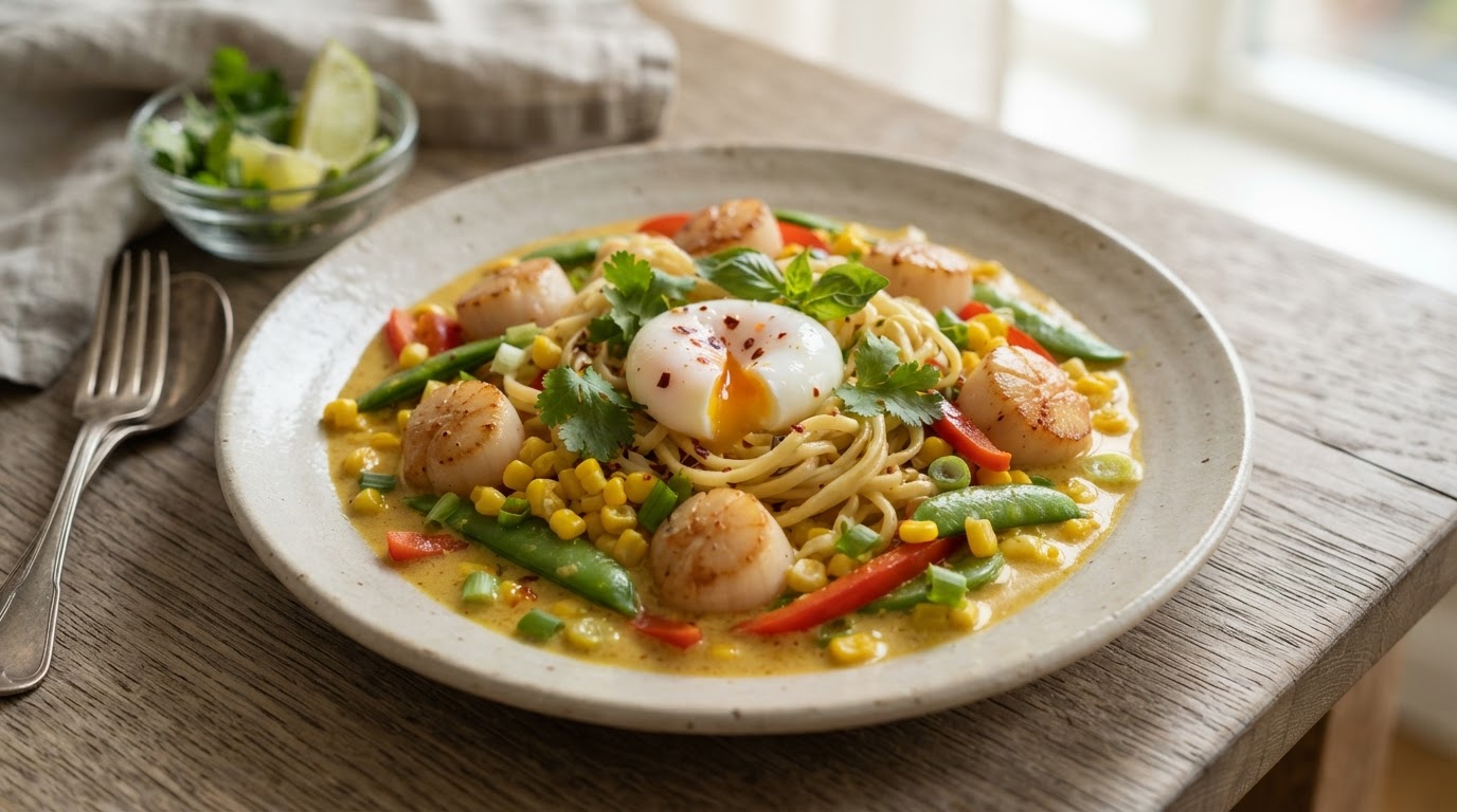 Mild thailandsk kokoskarri med kamskjell, fersk mais og eggnudler – slik ser retten ut