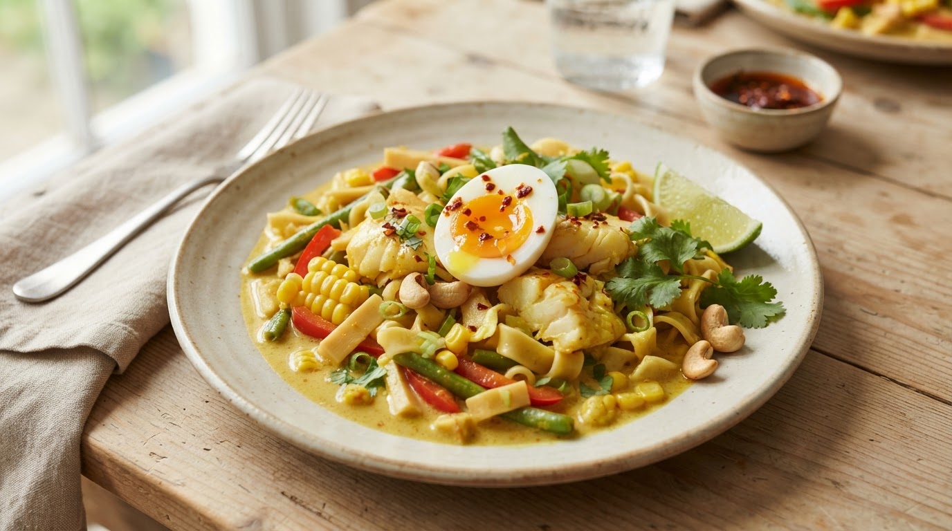 Mild thailandsk kokoskarri med kveite, fersk mais og eggnudler – slik ser retten ut