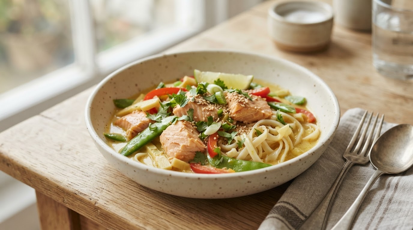 Mild thailandsk kokoskarri med laks og risnudler – slik ser retten ut