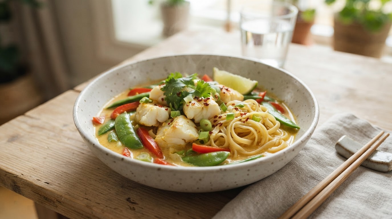 Mild thailandsk kokoskarri med torsk, sukkererter og nudler – slik ser retten ut