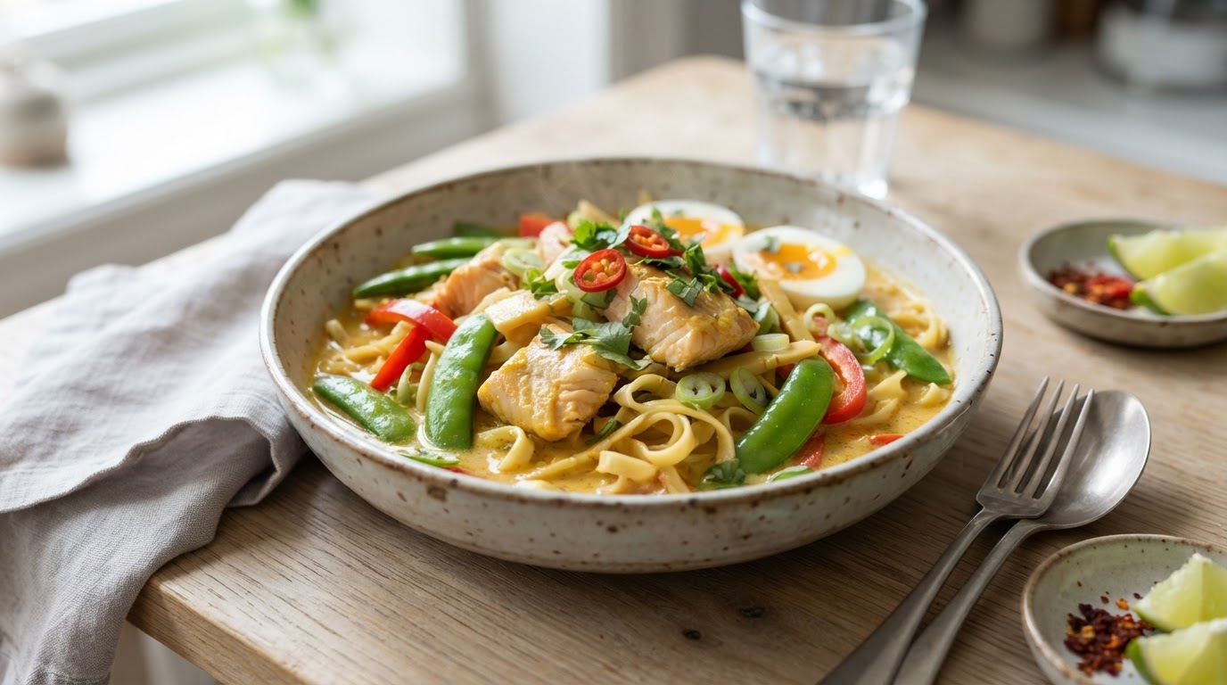 Mild thailandsk kokoskarri med uer og eggnudler – slik ser retten ut