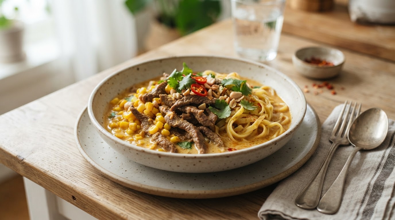 Mild thailandsk masseman karri med biff, fersk mais og eggnudler – slik ser retten ut