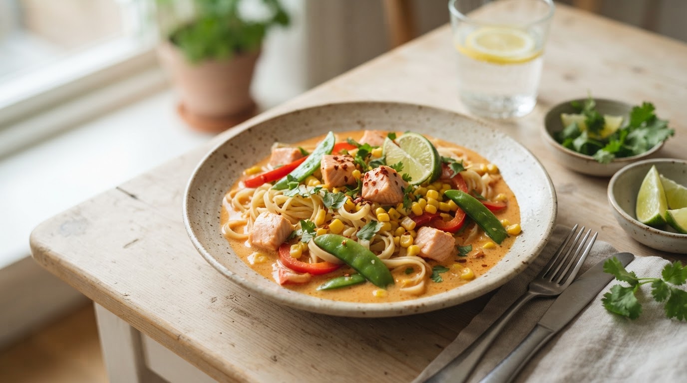 Mild thailandsk panang karri med laks og eggnudler – slik ser retten ut